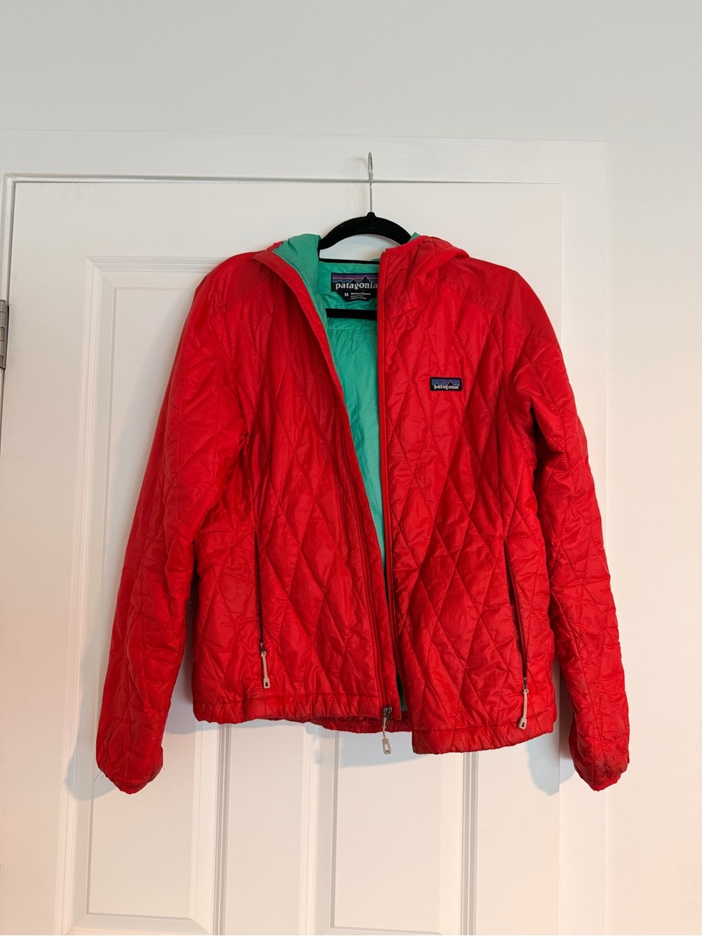 Patagonia Red Quilted Hooded Puffer with Mint Lining